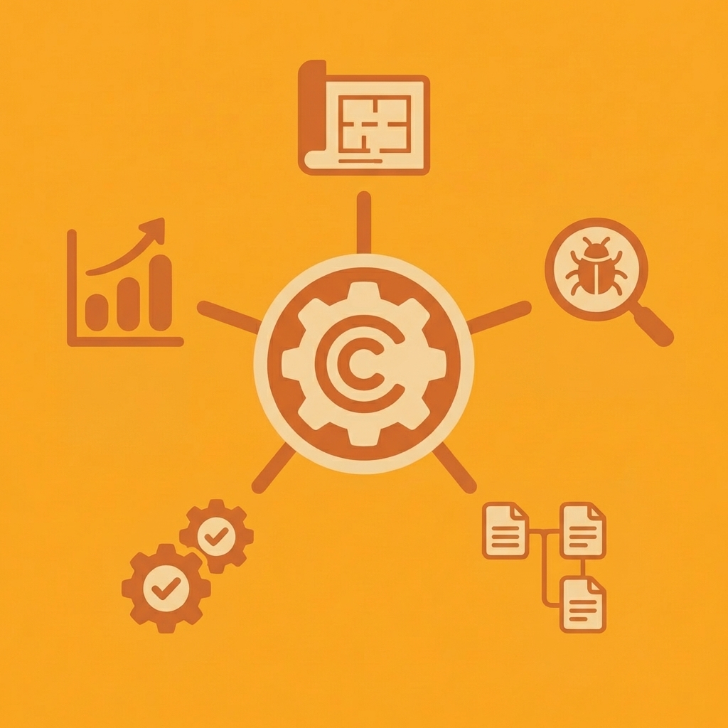 Central Claude Code hub connected to five surrounding capabilities: architecture, debugging, context, consistency, and improvements